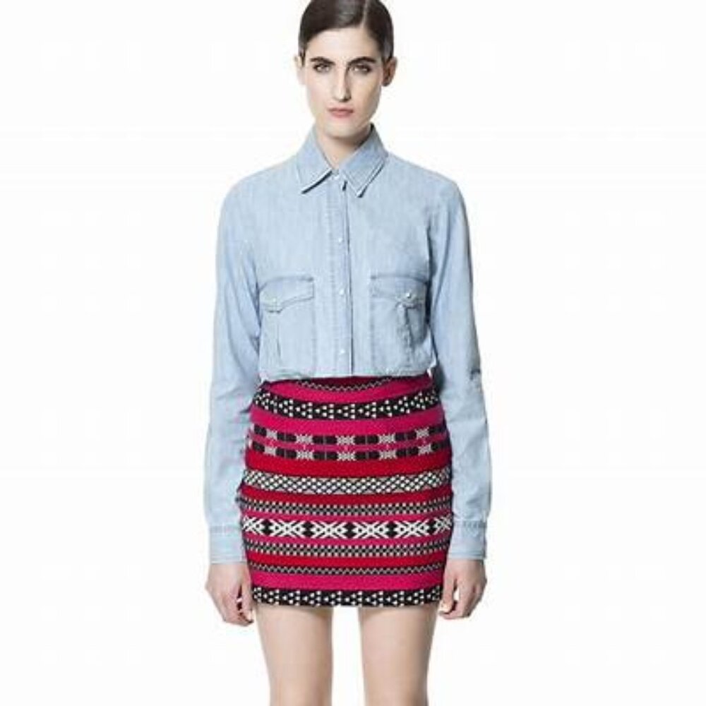 ZARA Woven Tribal 'Aztec' Mini Skirt in Black, Red and Pink
